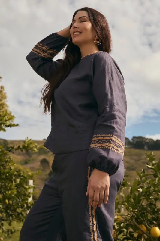 Audrey Linen Blouse in Slate sold by Adrift