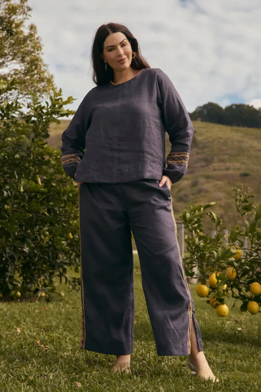 Camille Linen Split Pant in Slate sold by Adrift