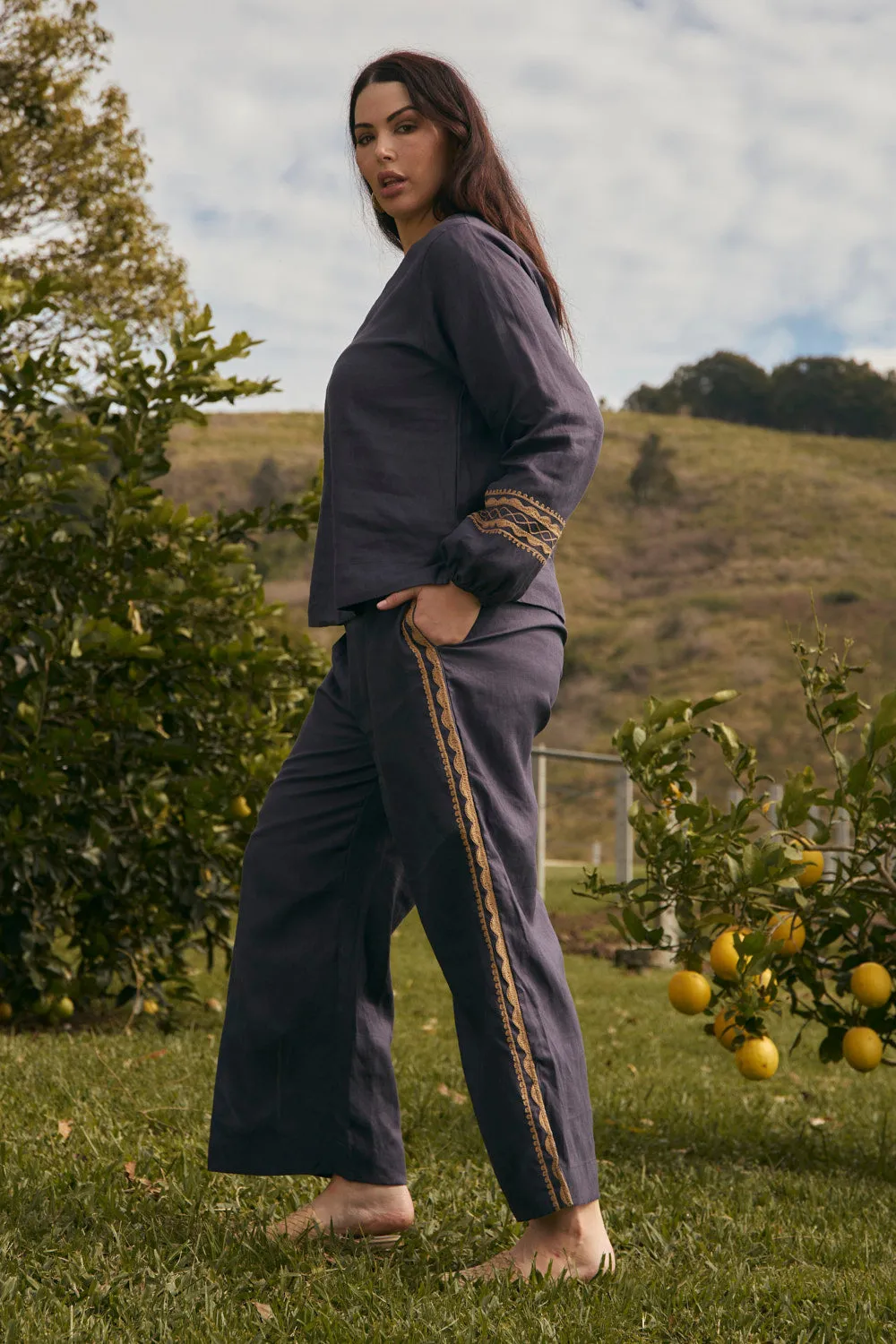Camille Linen Split Pant in Slate sold by Adrift product image thumbnail 5