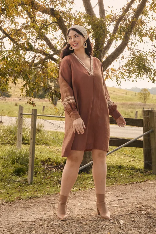 Kora Long Sleeve Linen Dress in Rum Caramel sold by Adrift