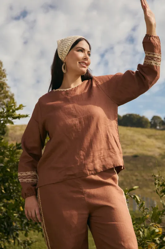 Audrey Linen Blouse in Rum Caramel sold by Adrift