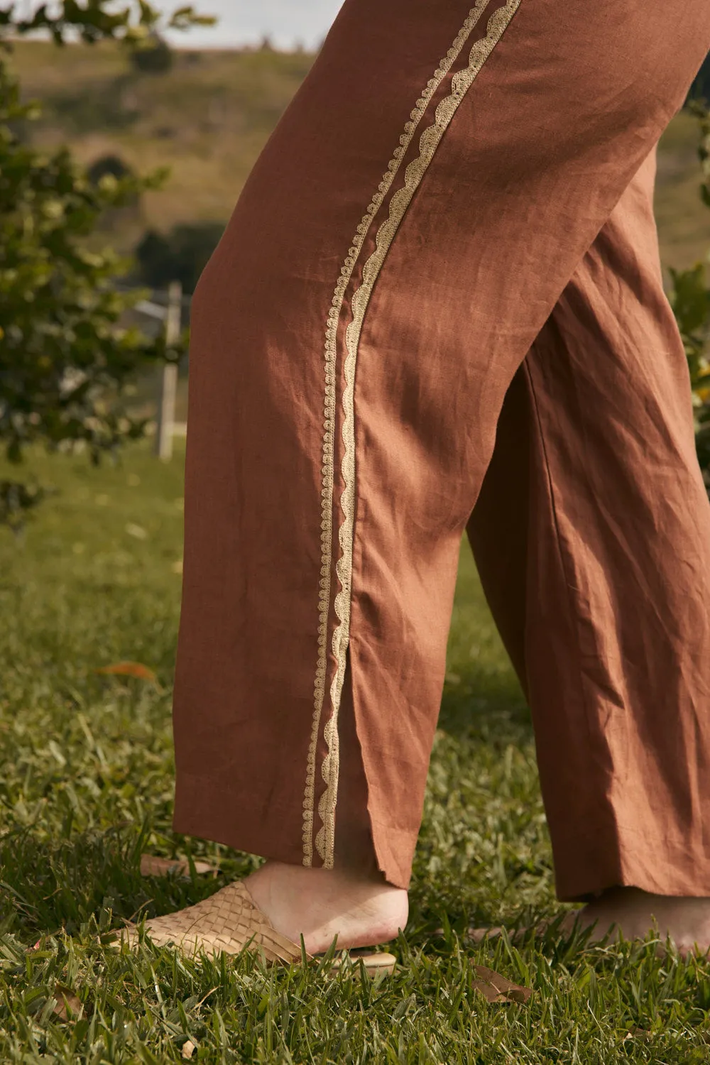 Camille Linen Split Pant in Rum Caramel sold by Adrift product image thumbnail 3