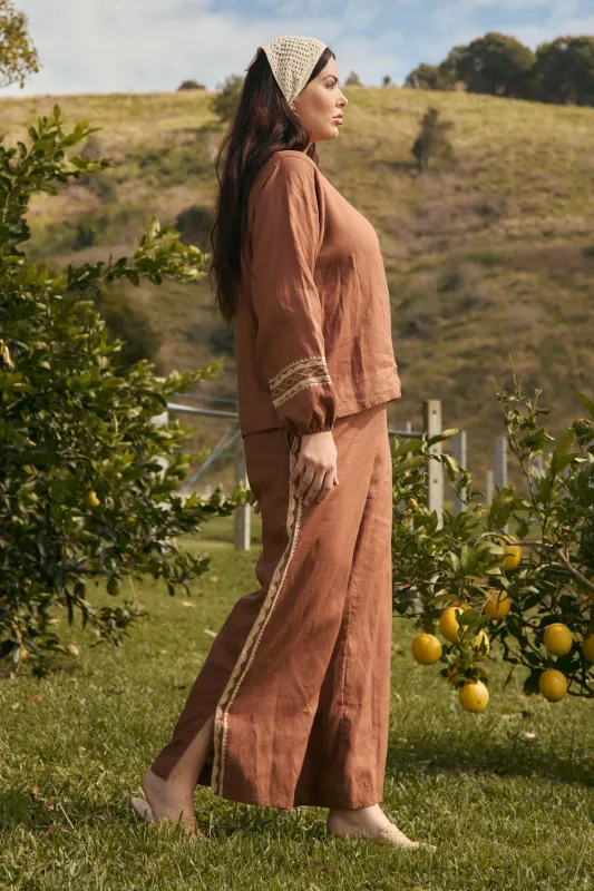 Camille Linen Split Pant in Rum Caramel sold by Adrift