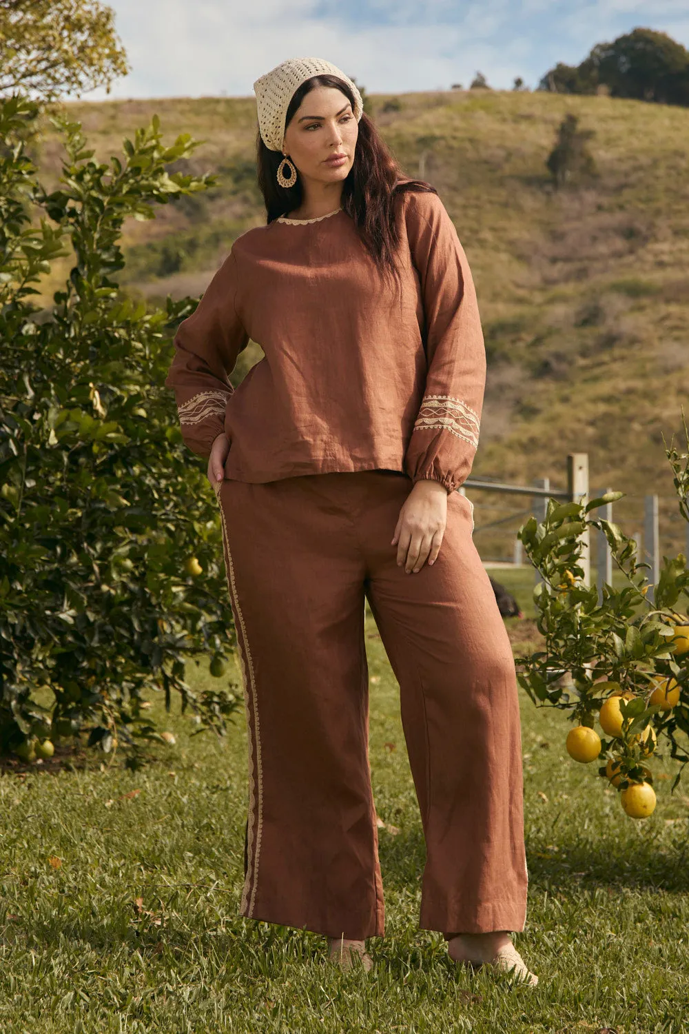 Camille Linen Split Pant in Rum Caramel sold by Adrift product image thumbnail 4