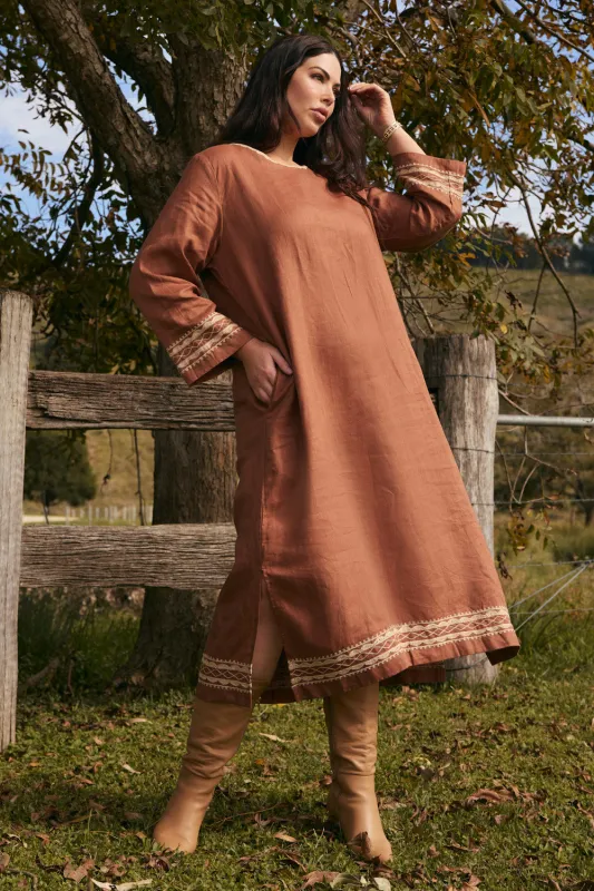 Jarla Linen Dress in Rum Caramel sold by Adrift