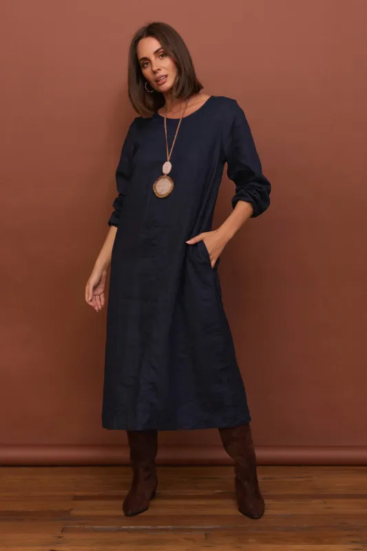 Hazel Linen Midi Dress in Navy sold by Adrift