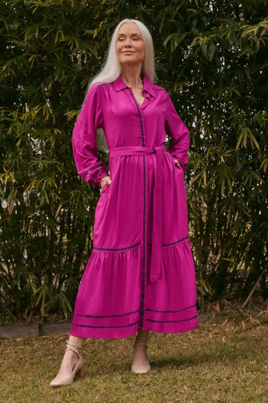 Ginette Embroidered Dress in Berry sold by Adrift