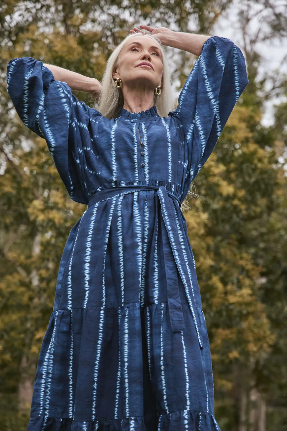 Mirabelle Frill Dress in Shibori Echo sold by Adrift