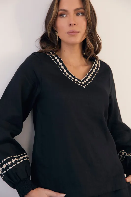Samara Linen Blouse in Moonlit Noir sold by Adrift