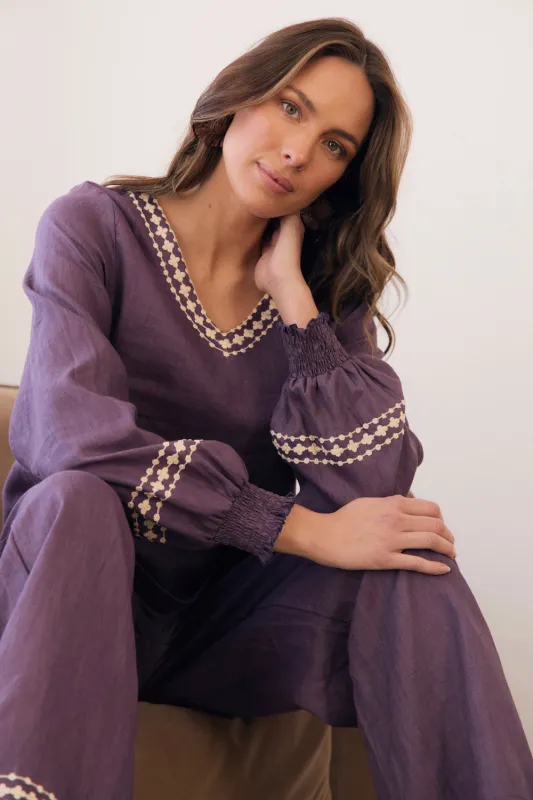 Samara Long Sleeve Linen Blouse in Merlot Dream sold by Adrift