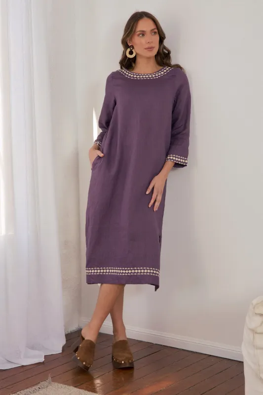 Jarla Linen Dress in Merlot Dream sold by Adrift