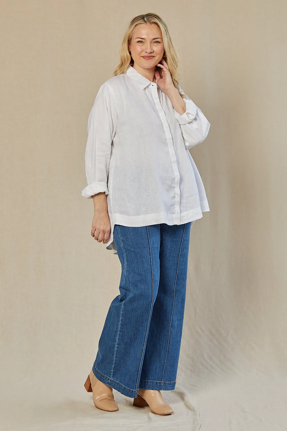 Oversized Linen Boyfriend Shirt in White sold by Adrift product image thumbnail 4