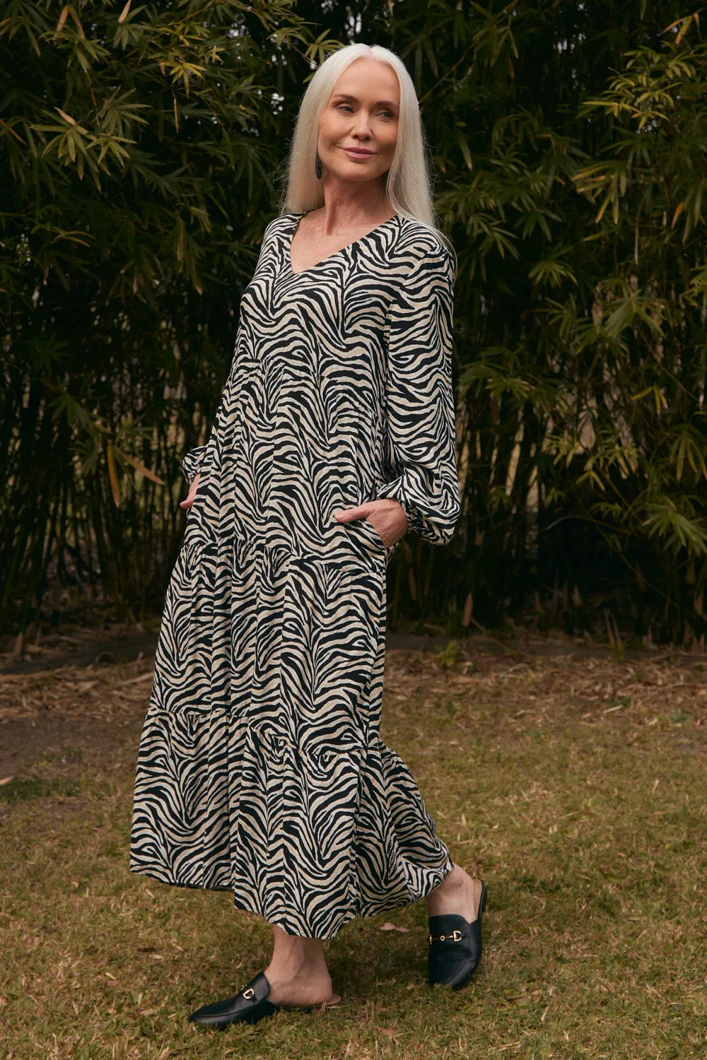 Sabrina Tiered Dress in Safari sold by Adrift