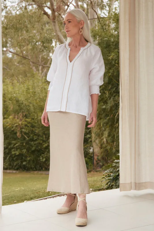 Katie Bias Cut Linen Skirt in Natural sold by Adrift