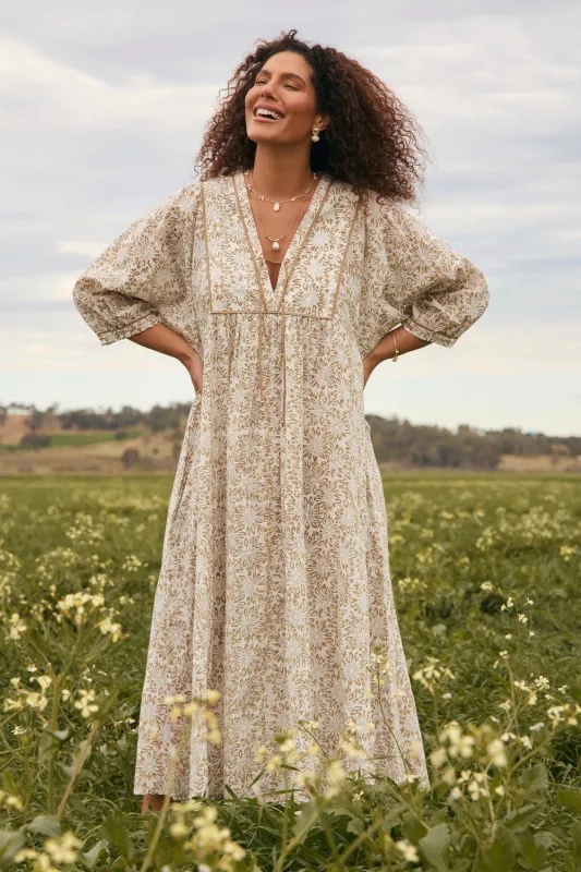 Cairo Billow Sleeve Dress in Savanna sold by Adrift