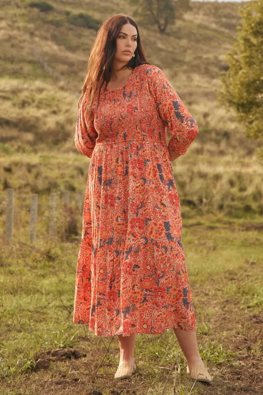 Minden Shirred Dress in Crimson Haze sold by Adrift