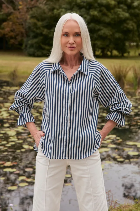 Ebony Frill Cuff Shirt in Navy Stripe sold by Adrift