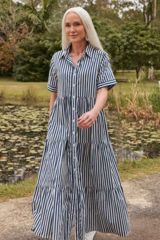 Sabre Button Through Dress in Navy Stripe sold by Adrift