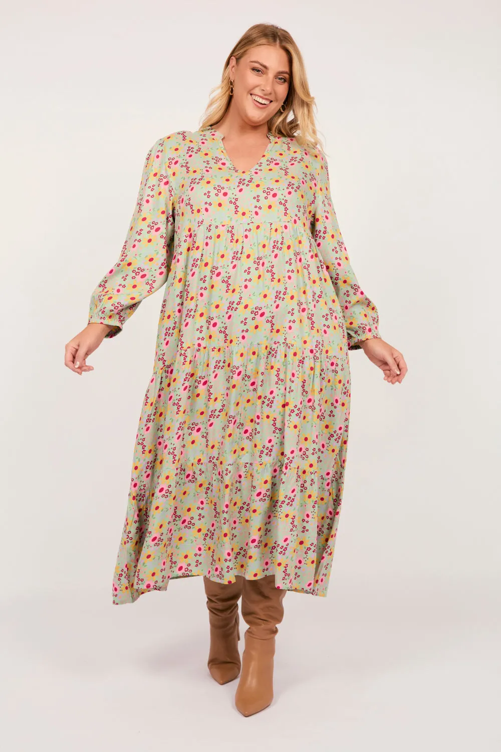 Sabre V-Neck Long Sleeve Dress in Autumn Posy sold by Adrift