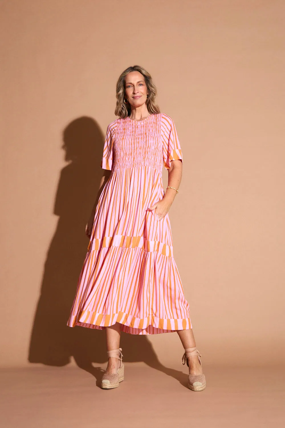 Minden Shirred Dress in Coral Spring sold by Adrift product image thumbnail 3