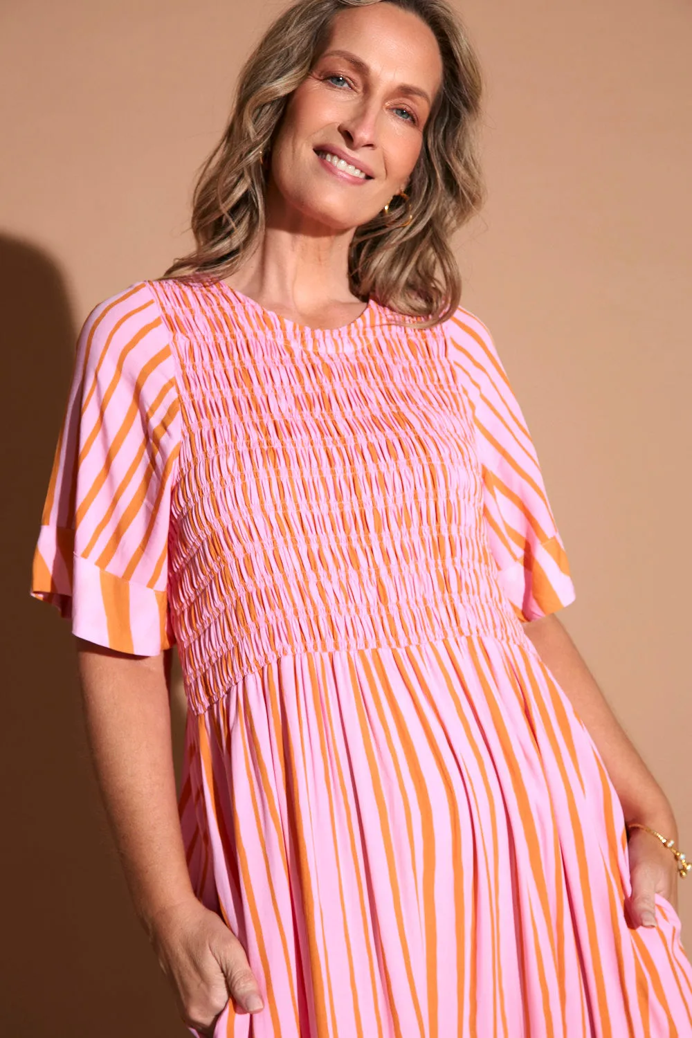 Minden Shirred Dress in Coral Spring sold by Adrift product image thumbnail 2