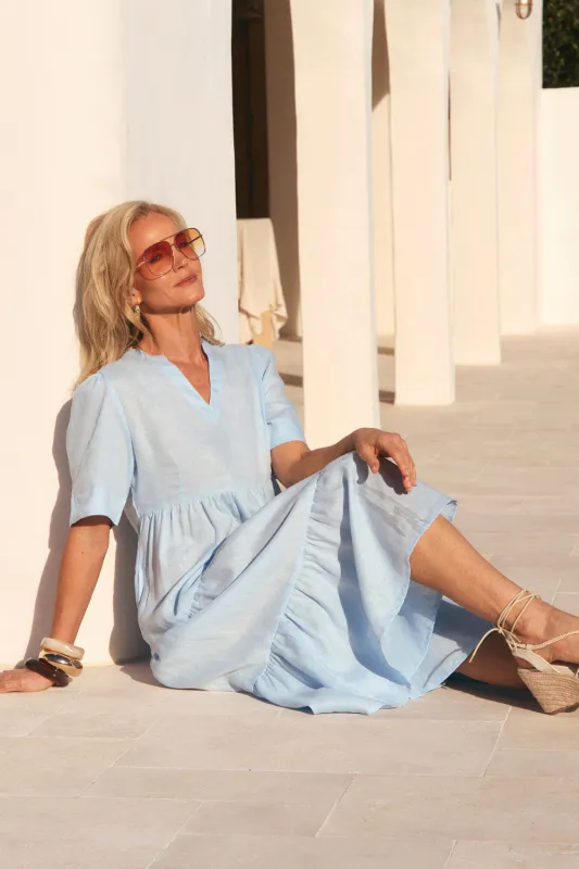 Sabre Linen V-Neck Dress in Powder Blue sold by Adrift
