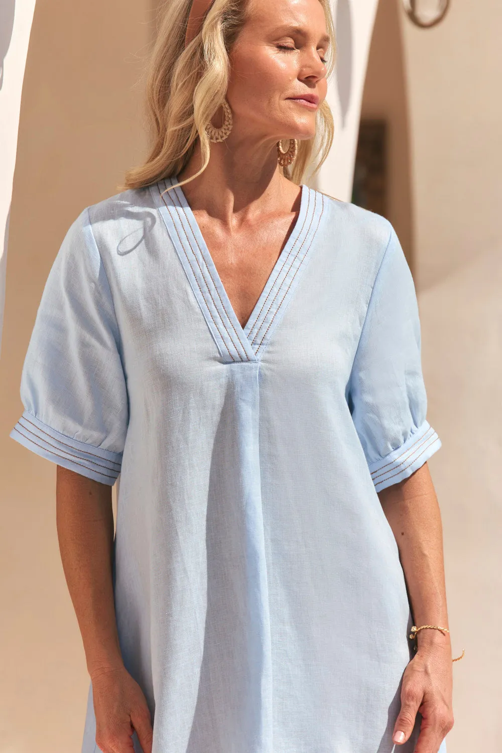Kora A-Line Puff Sleeve Linen Dress in Powder Blue sold by Adrift product image thumbnail 4