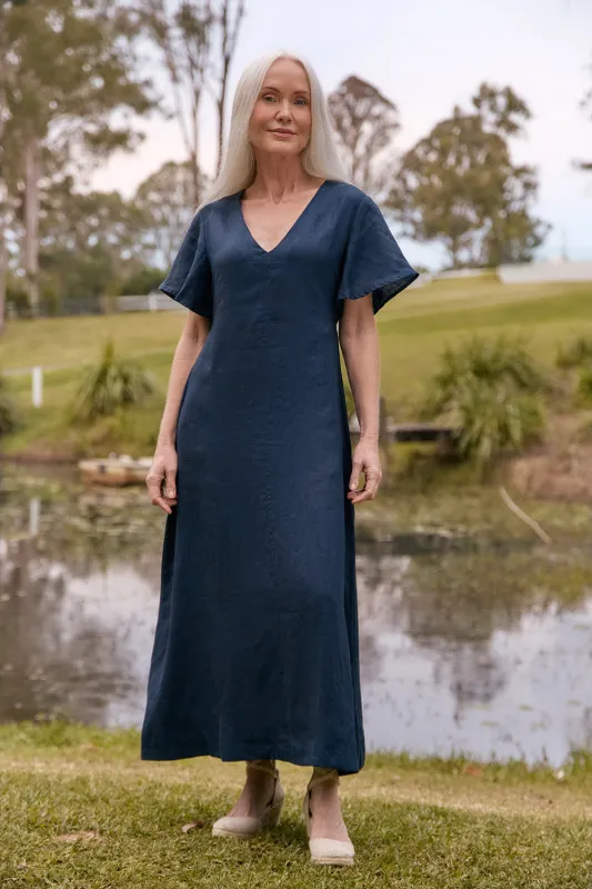Tatum Linen Flutter Sleeve Dress in Navy sold by Adrift