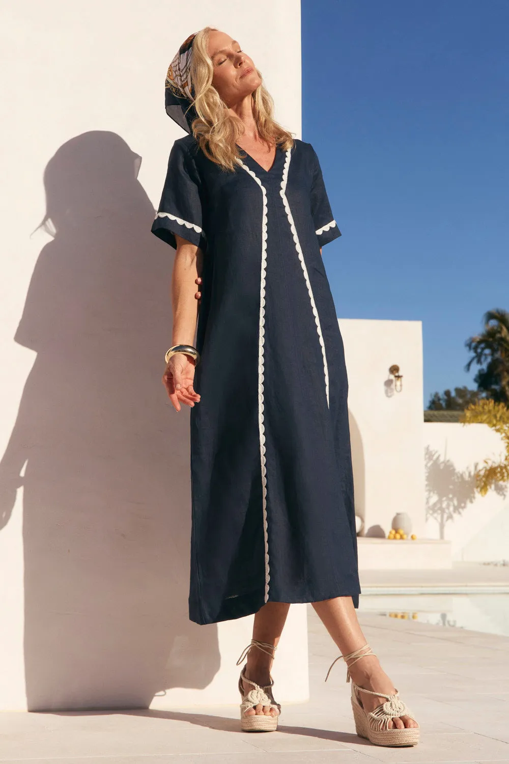 Tamara Linen V-Neck Dress in Beachside sold by Adrift