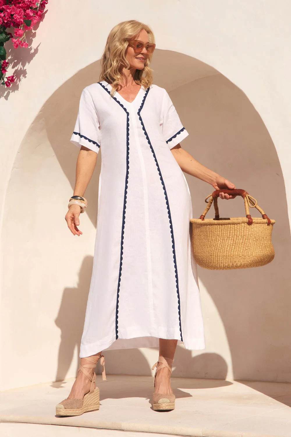 Tamara Linen V-Neck Dress in Seaside sold by Adrift