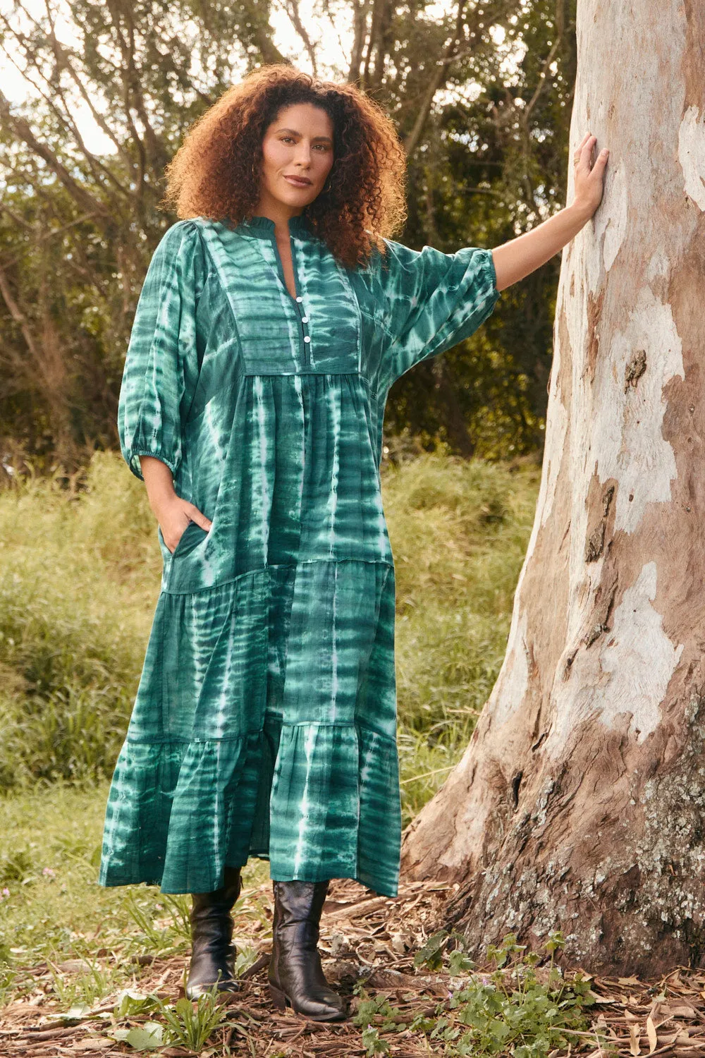 Mirabelle Frill Dress in Shibori Green sold by Adrift
