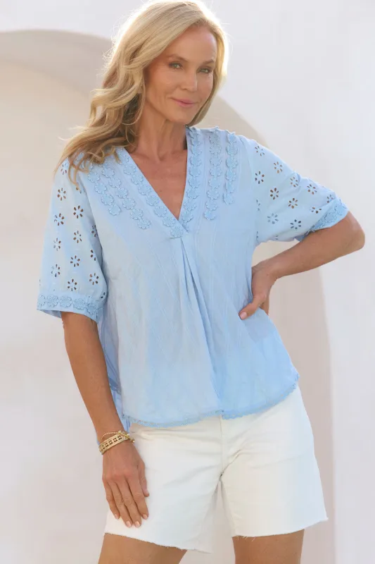 Kora Daisy Embroidered Blouse in Pale Blue sold by Adrift