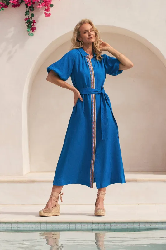 Matilda Linen Collared Dress in Mediterranean sold by Adrift
