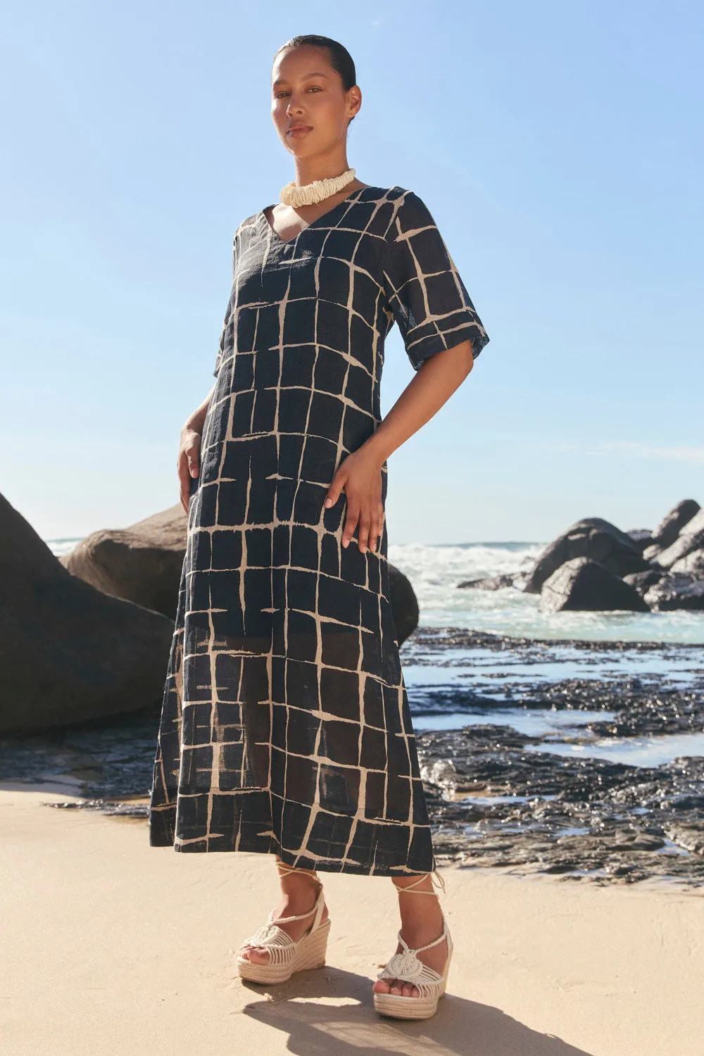 Tamara Linen V-Neck Dress in Woven Echo sold by Adrift product image thumbnail 2