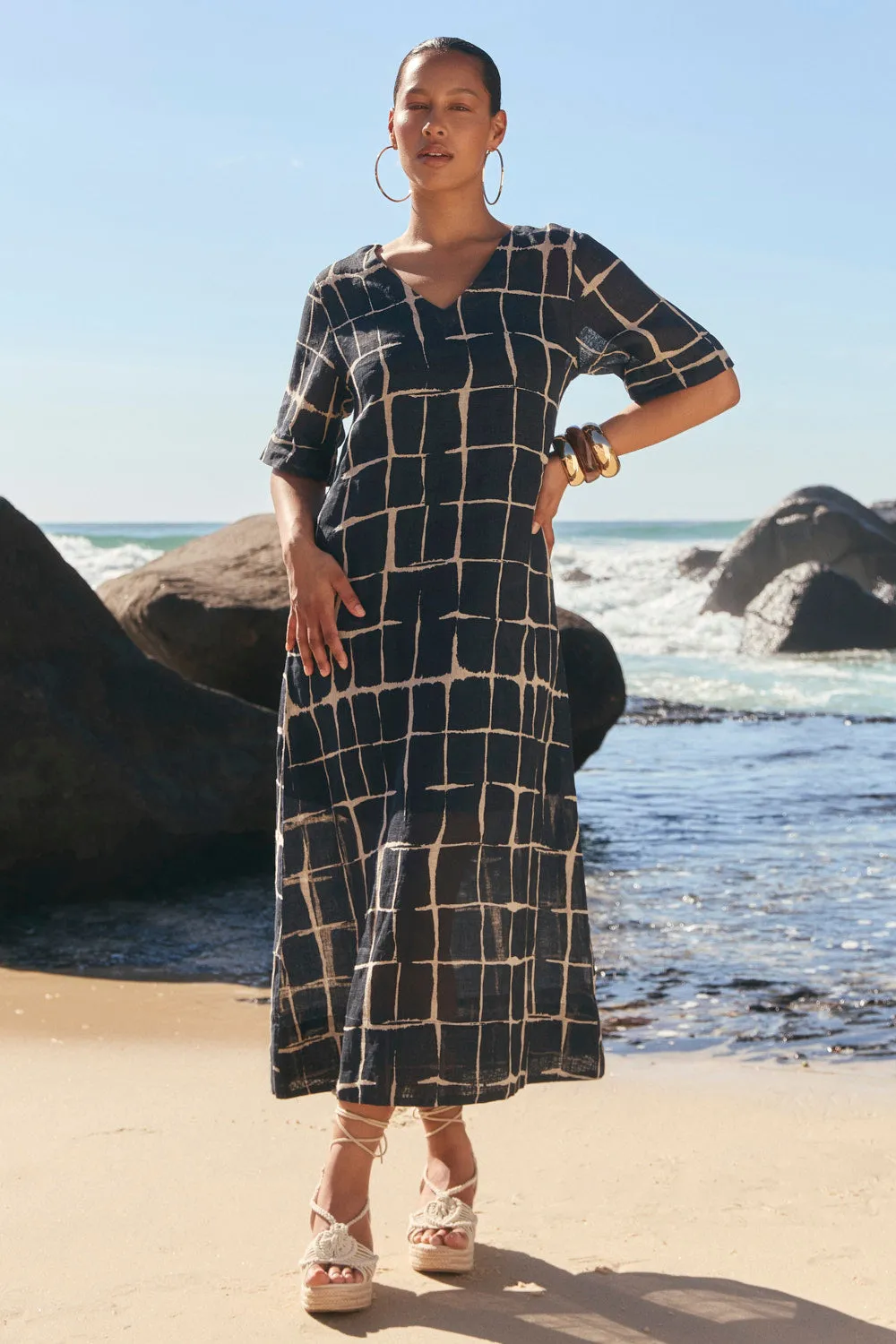 Tamara Linen V-Neck Dress in Woven Echo sold by Adrift