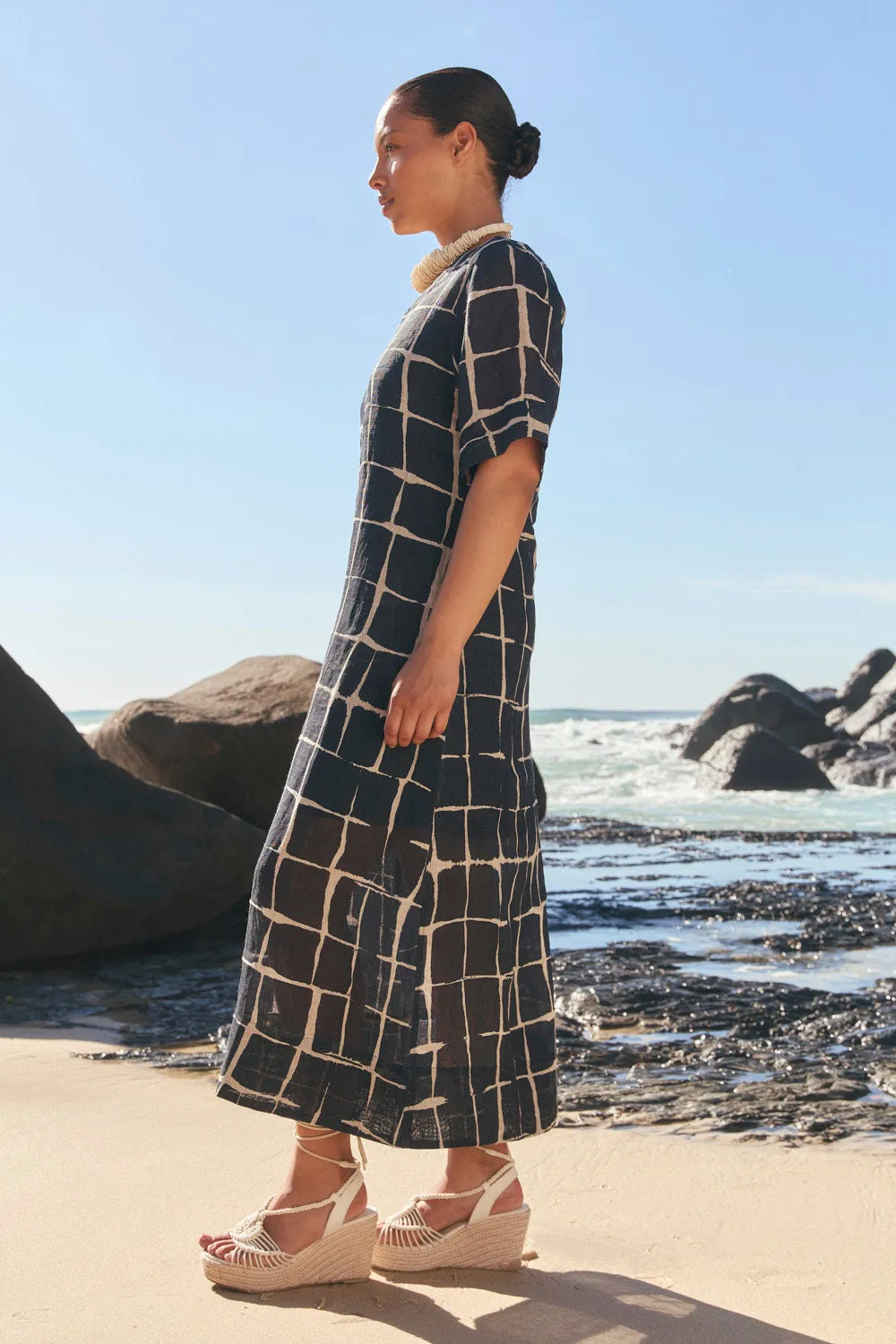 Tamara Linen V-Neck Dress in Woven Echo sold by Adrift product image thumbnail 3