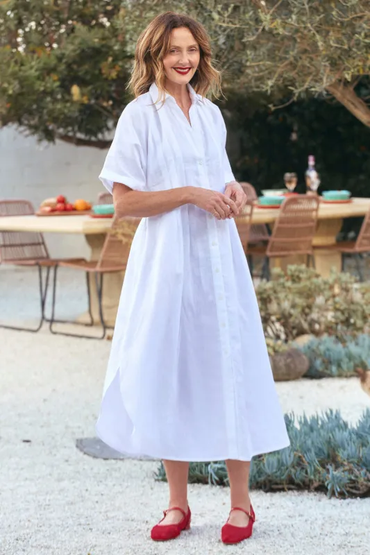 Bridget Linen Pleated Dress in White sold by Adrift