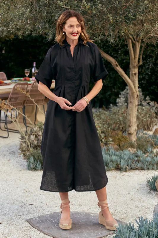 Bridget Linen Pleated Dress in Black sold by Adrift