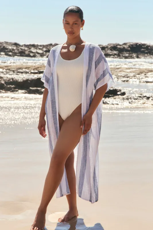 Liv Long Line Duster In Blue Stripe sold by Adrift