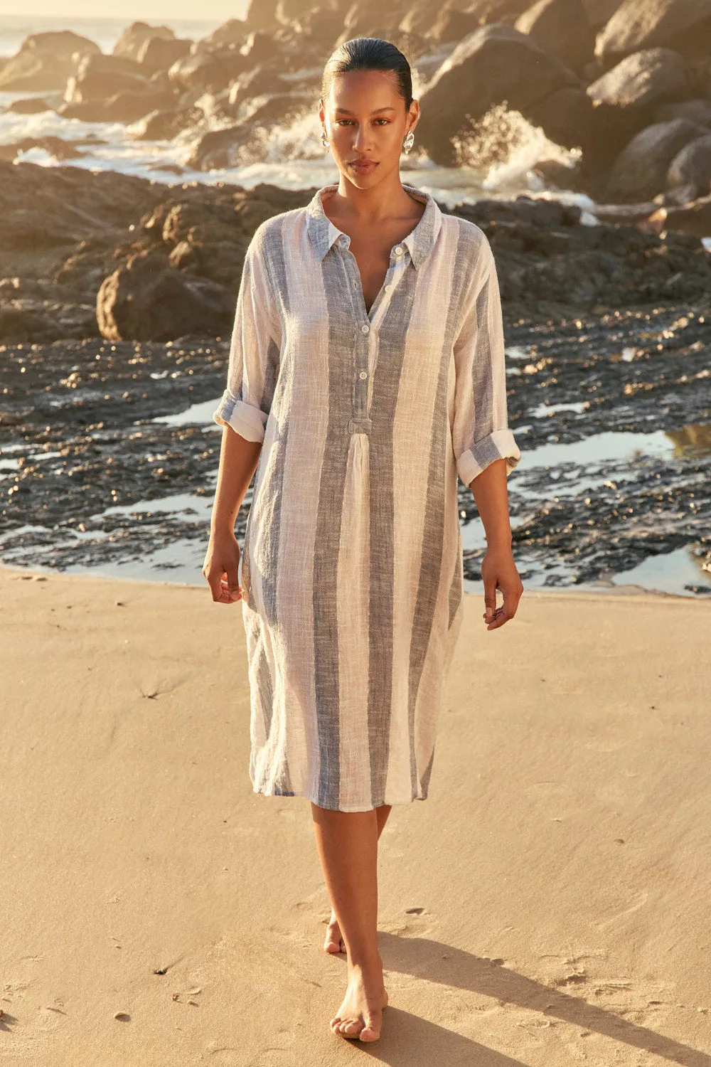 Tess Tunic Dress in Blue Stripe sold by Adrift