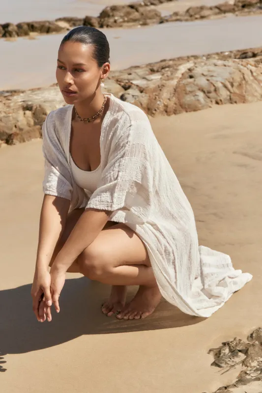 Liv Long Line Duster In Natural Stripe sold by Adrift