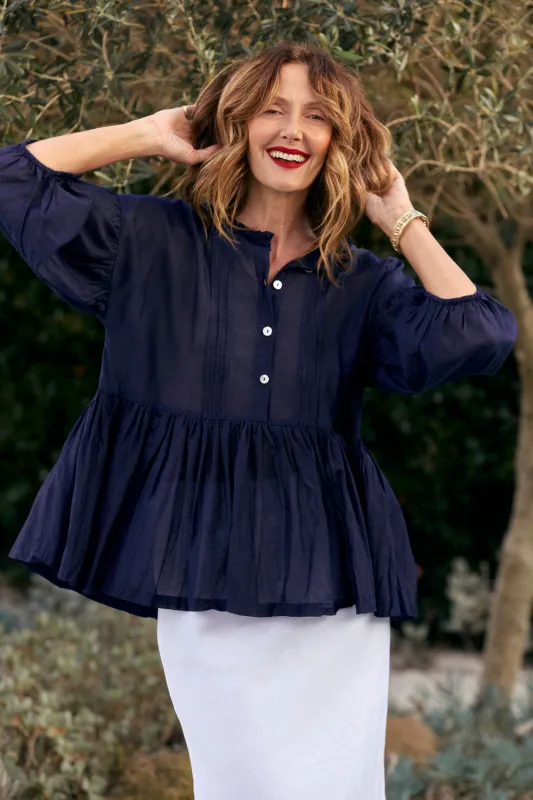 Coco Cotton Silk Blouse in Navy sold by Adrift