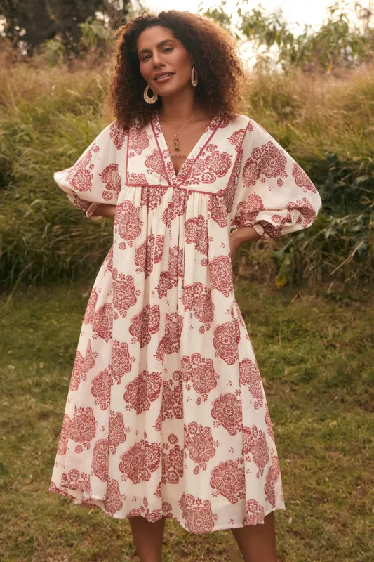 Cairo Billow Sleeve Dress in Moroccan Belle Coral sold by Adrift