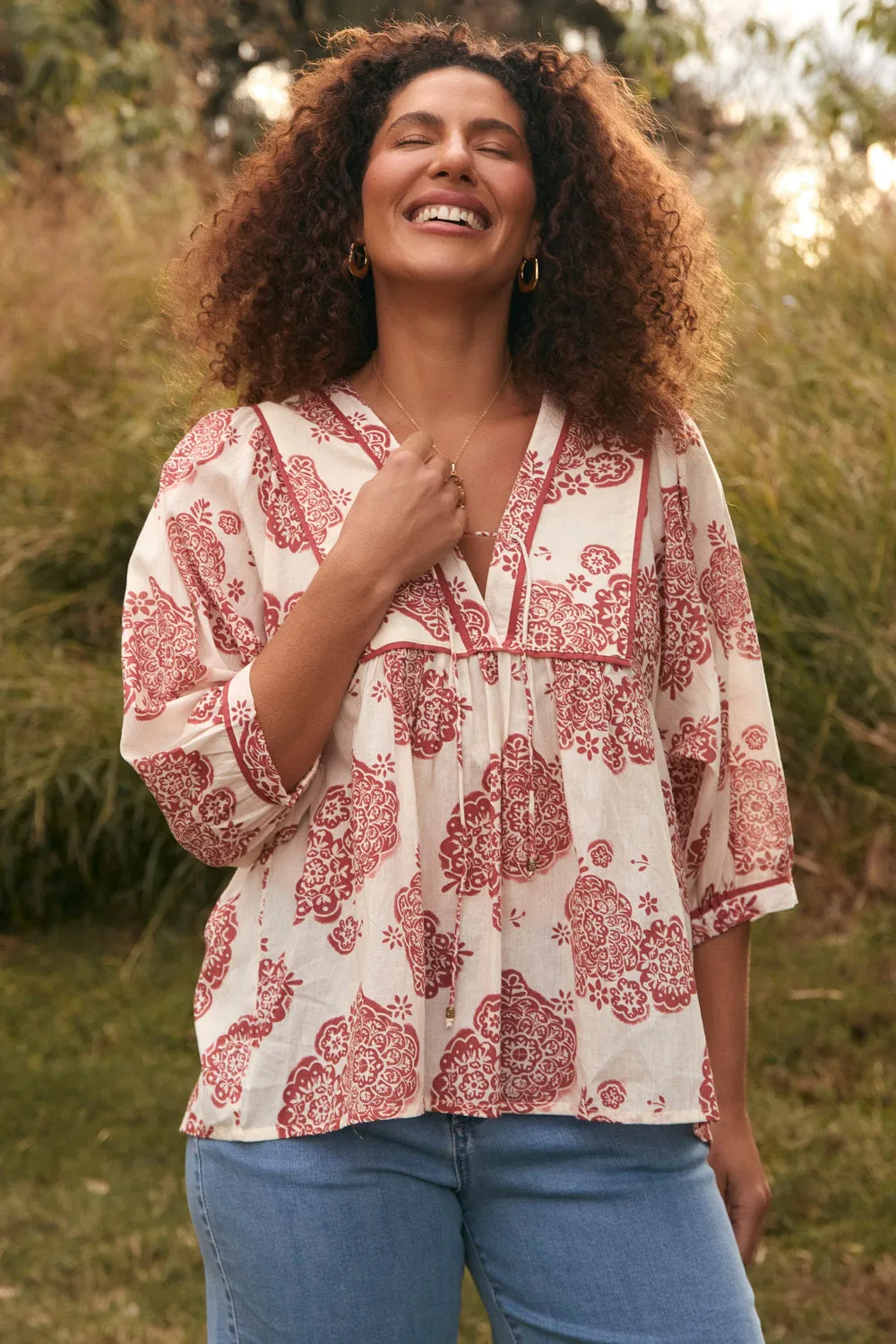 Cairo Boho Blouse in Moroccan Belle Coral sold by Adrift