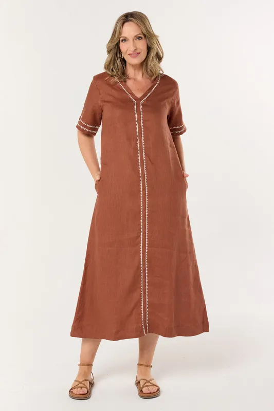 Tamara V-Neck Linen Dress in Dunes sold by Adrift