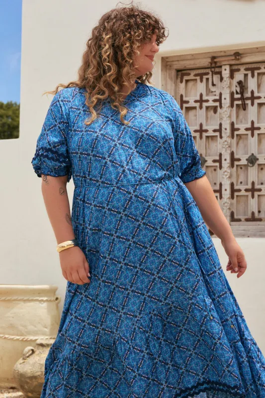 Valentina Cotton Silk Tiered Frill Dress in Nomad Nights sold by Adrift