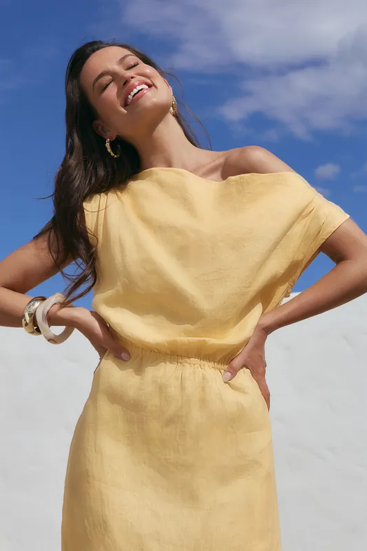 Alice Linen Drop Shoulder Dress in Buttery Yellow sold by Adrift