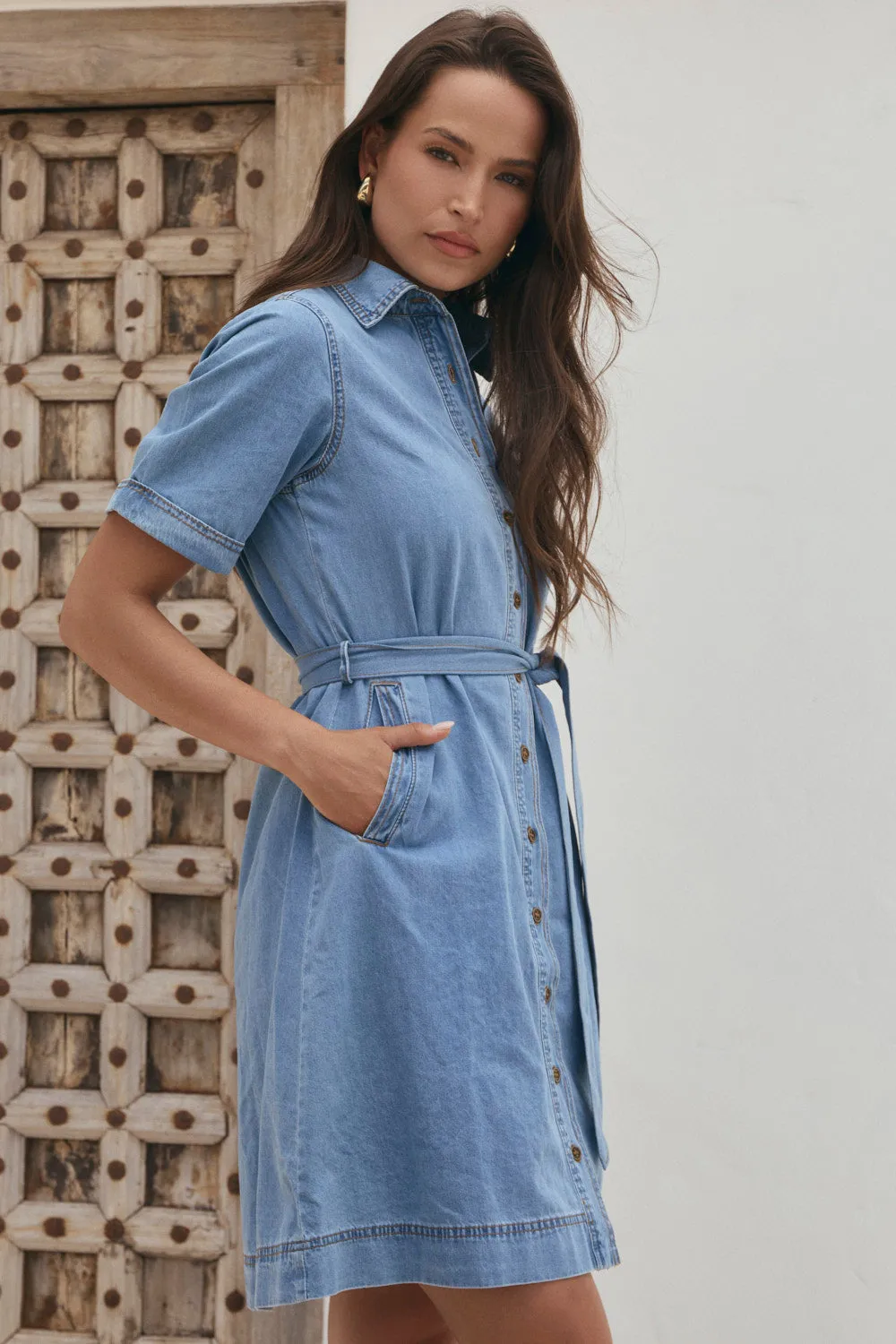 Abbey Chambray Short Dress in Light Wash sold by Adrift product image thumbnail 4