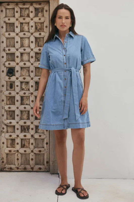Abbey Chambray Short Dress in Light Wash sold by Adrift
