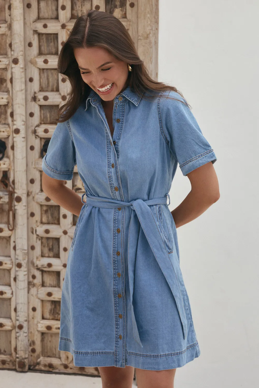 Abbey Chambray Short Dress in Light Wash sold by Adrift product image thumbnail 3